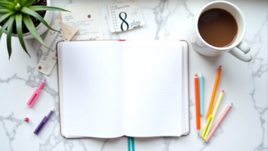 Fournitures de planification incluant carnet, stylos colorés et calendrier organisé