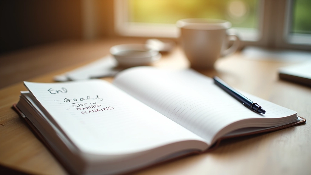 Carnet ouvert sur un bureau avec un stylo et une tasse de café
