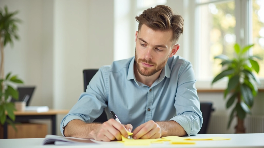 Personne en réflexion face à un ordinateur avec des notes autocollantes éparpillées
