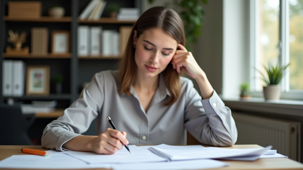 Femme réfléchissant à son bureau entourée de documents et notes personnelles